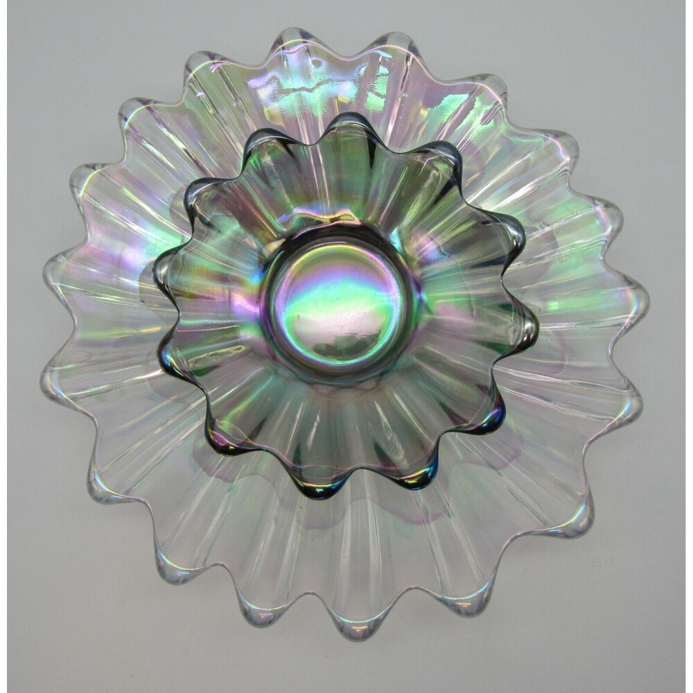 Two Vtg  MCM Iridescent Celestial Carnival Trinket Dish Flower Art Glass